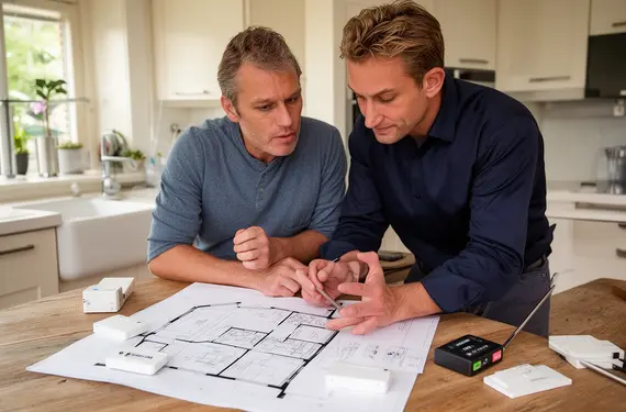 Bewoner en installateur bekijken samen een plattegrond aan de keukentafel