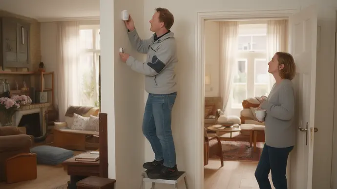 Installateur monteert een bewegingsmelder aan de muur terwijl de bewoner meekijkt