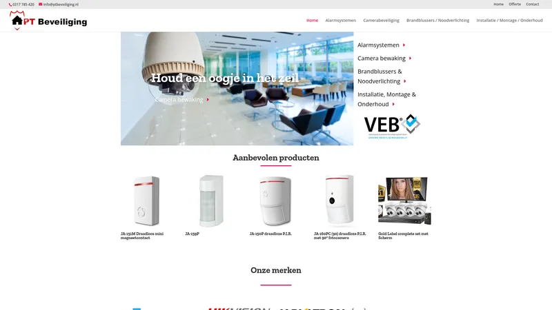 Website van PT Beveiliging (alarmsystemen, camerabeveiliging , brandbeveiliging en noodverlichting)VEB En REOB